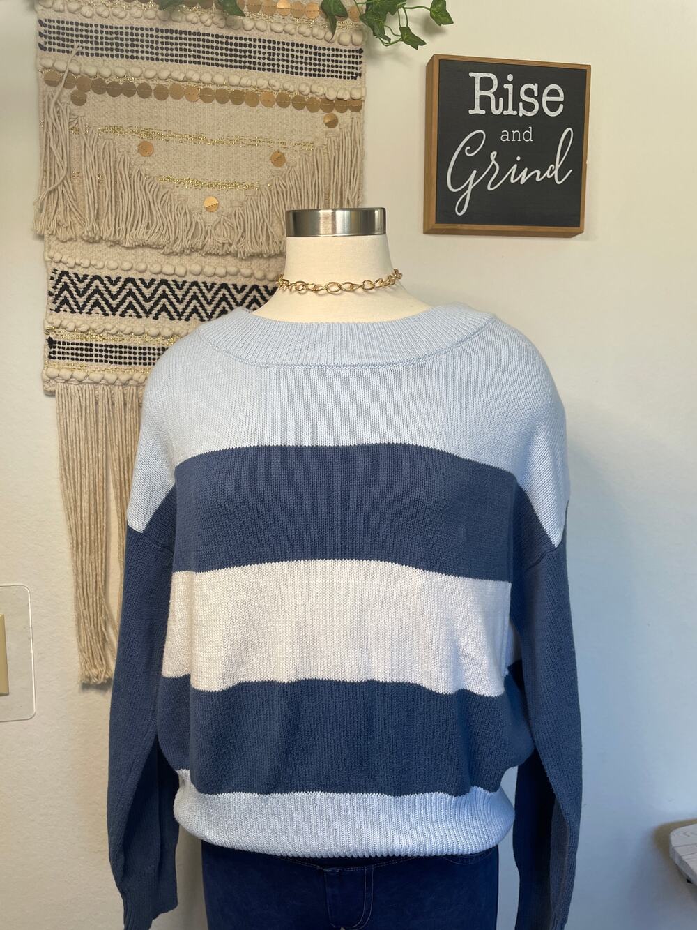Lucky Brand Womans Light Blue Striped Knit Sweater M